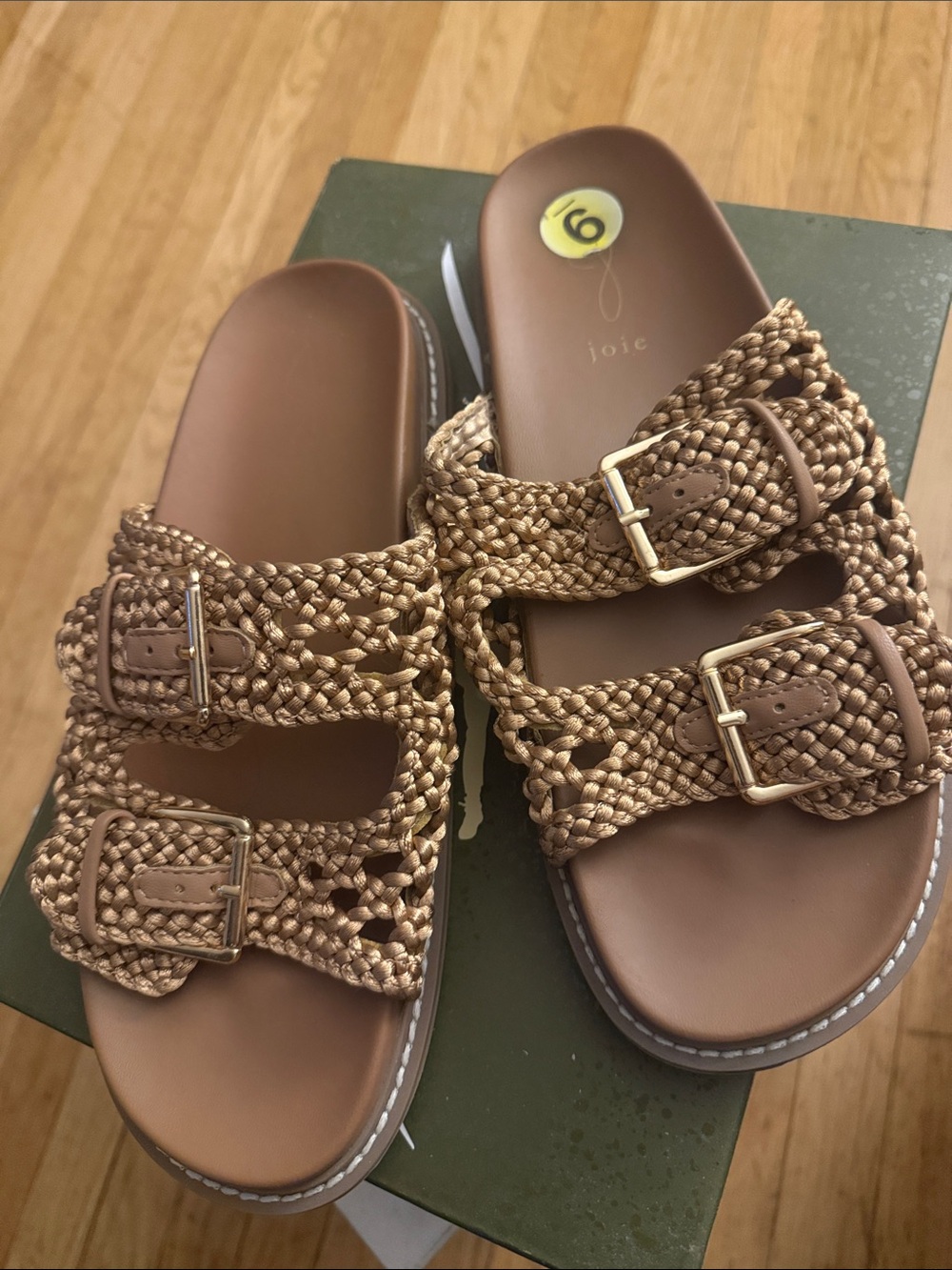 Joie Kids Braided Tan Slide Sandals with Gold Buckles